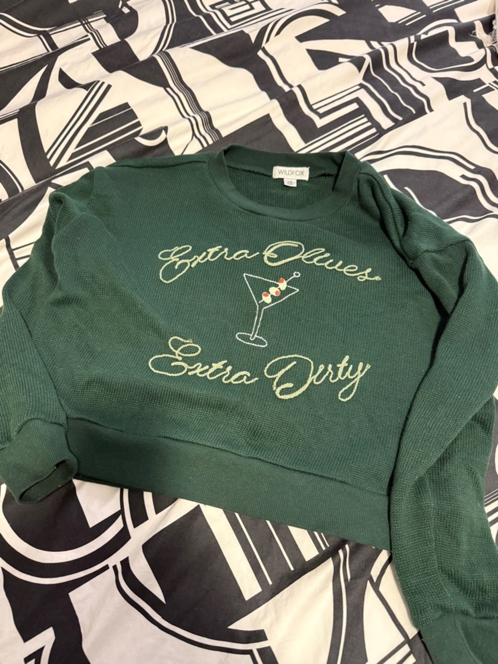 Wildfox Forest Green Cropped Knit Sweater with Martini Embroidery